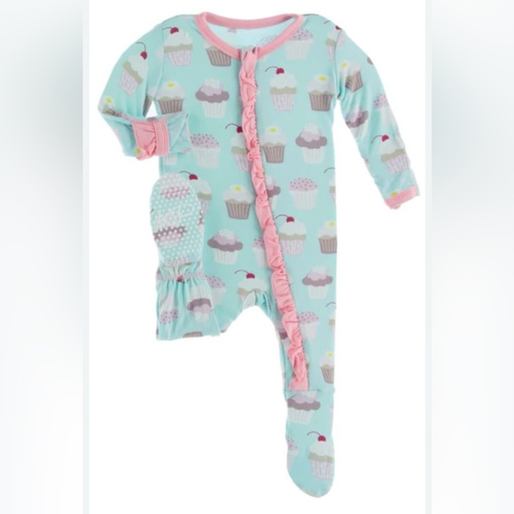 KicKee Pants Summer Sky Cupcakes Classic Ruffle Footie Pink Blue 3-6 - Picture 1 of 6